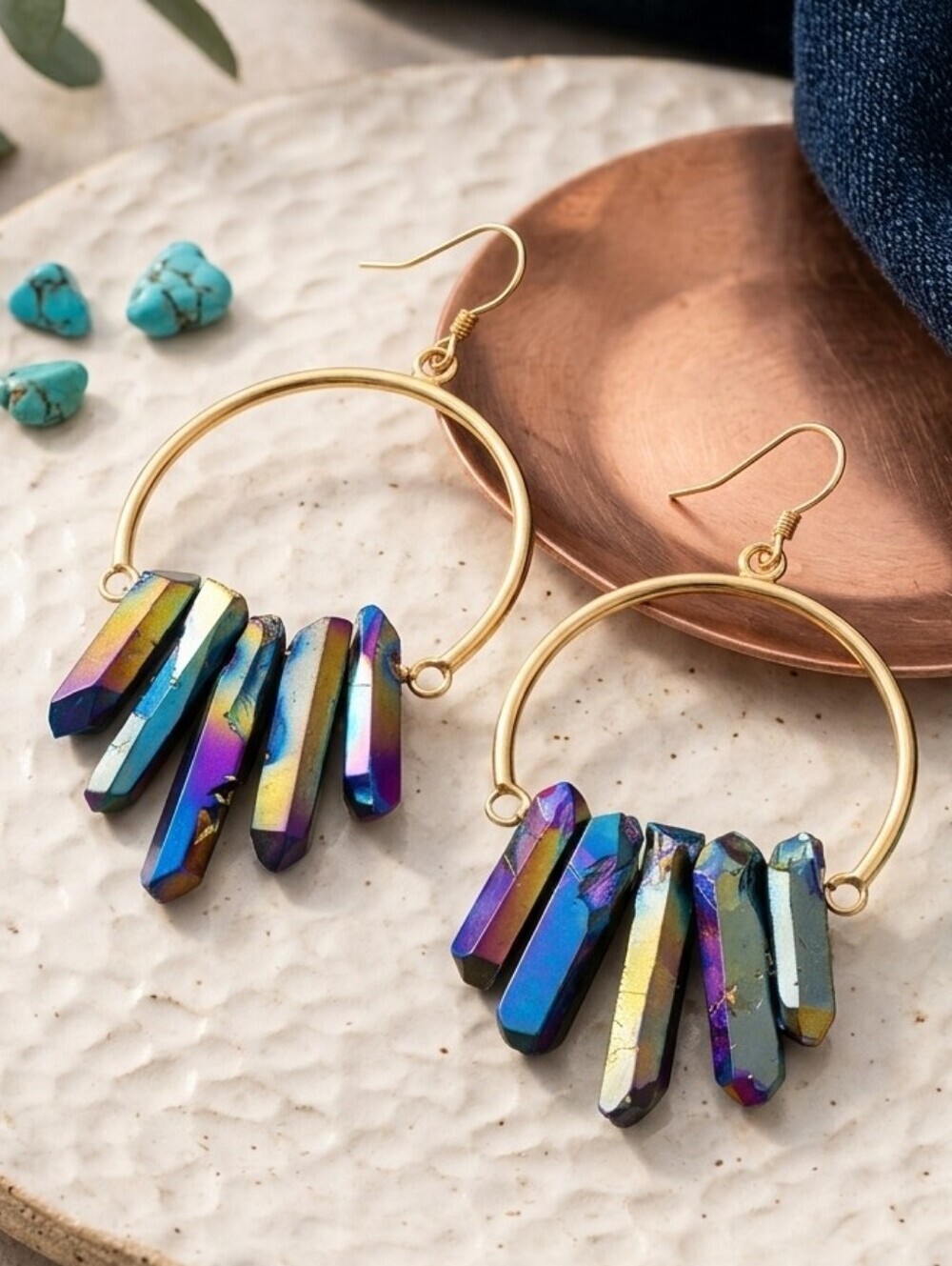 Rainbow Aura Quartz Crystal Point Fringe Gold Brass Boho Chic Hoop Earrings 3.5"